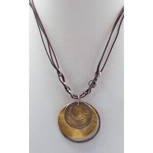 Chico's Mixed Metal Double Circle Pendant Triple Brown Leather Cord 19" Necklace